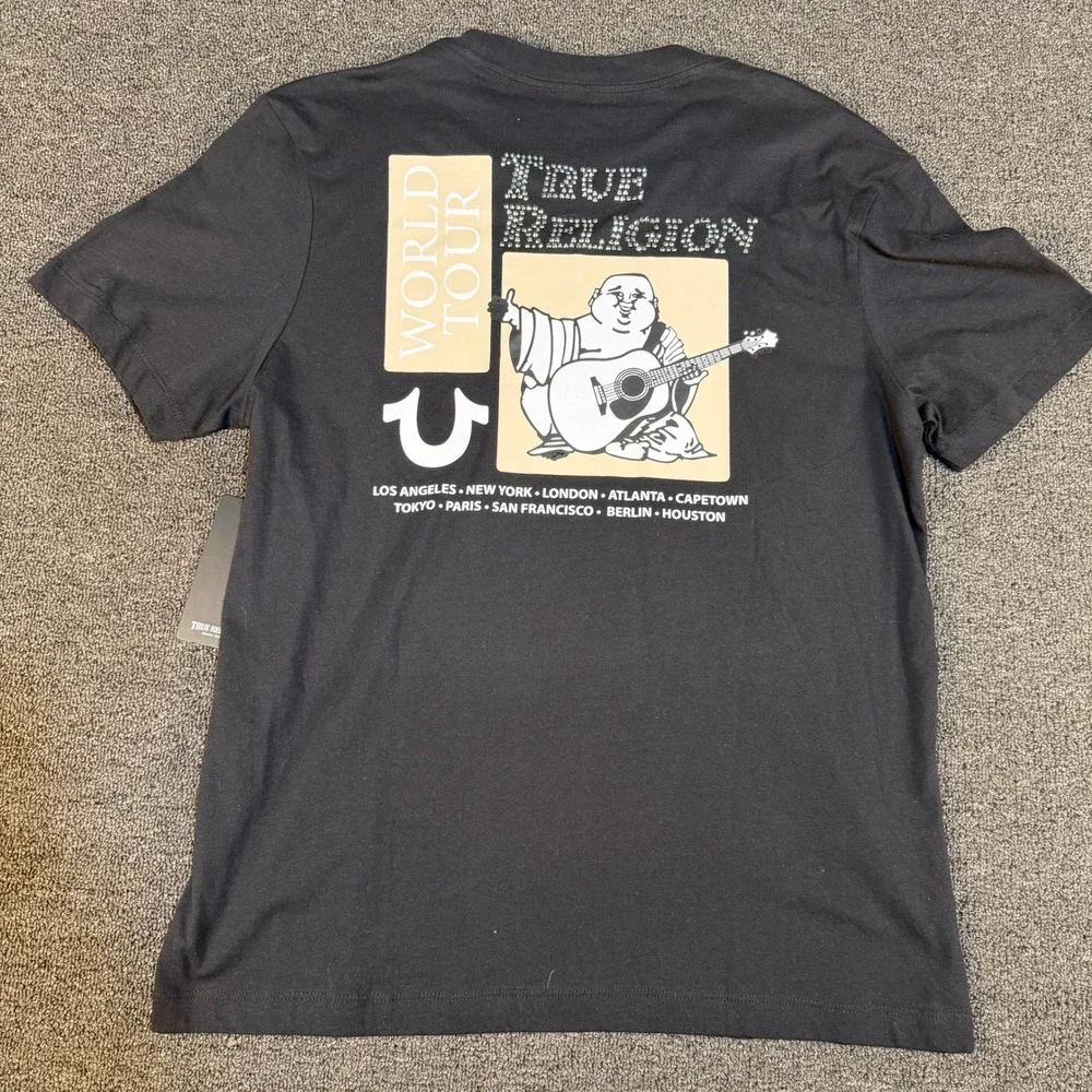 True Religion T-Shirt Mens M Crystal Poster Buddha Tee Jet Black 701581 NEW